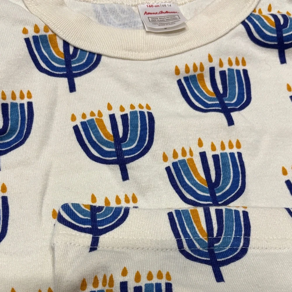 Worn Once- Hanna Andersson Blue and White Menorah Pajama Set for Hanukkah